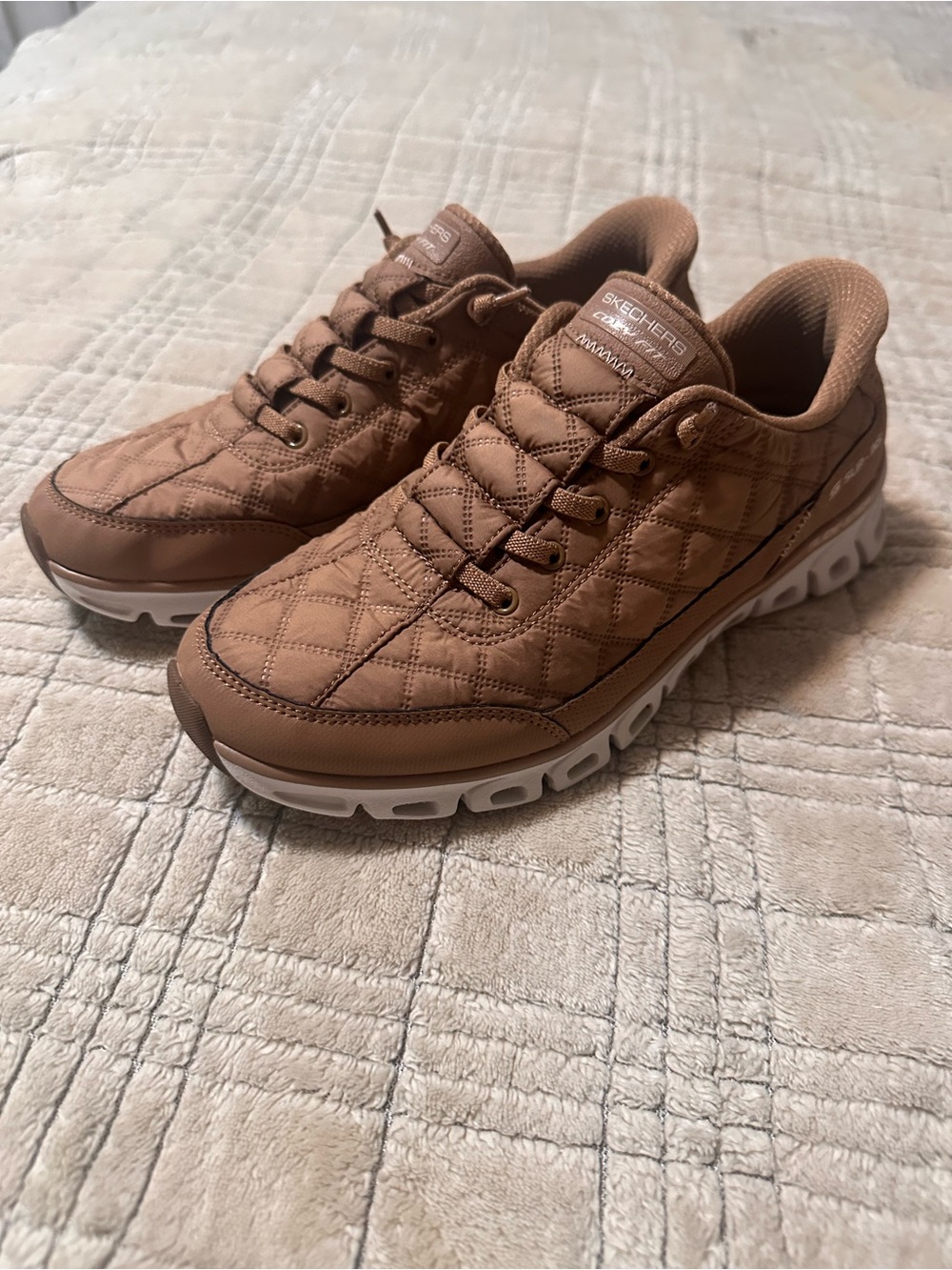 Women’s Cozy Fit Skechers Quilted Lace-Up Sneakers - Tan Brown